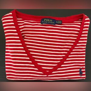Polo by Ralph Lauren Red and White Striped V-Neck Tee